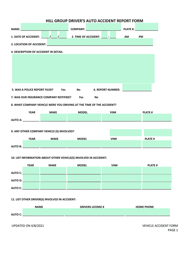 HILL GROUP DRIVERS AUTO ACCIDENT REPORT FORM screenshot