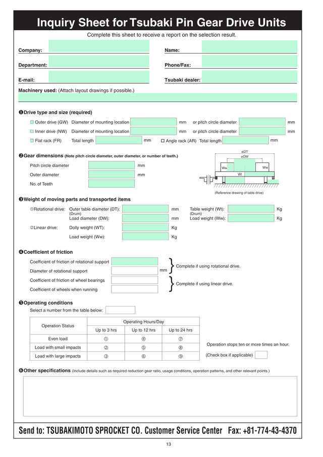 Inquiry Sheet For Tsubaki Pin Gear Drive Units screenshot