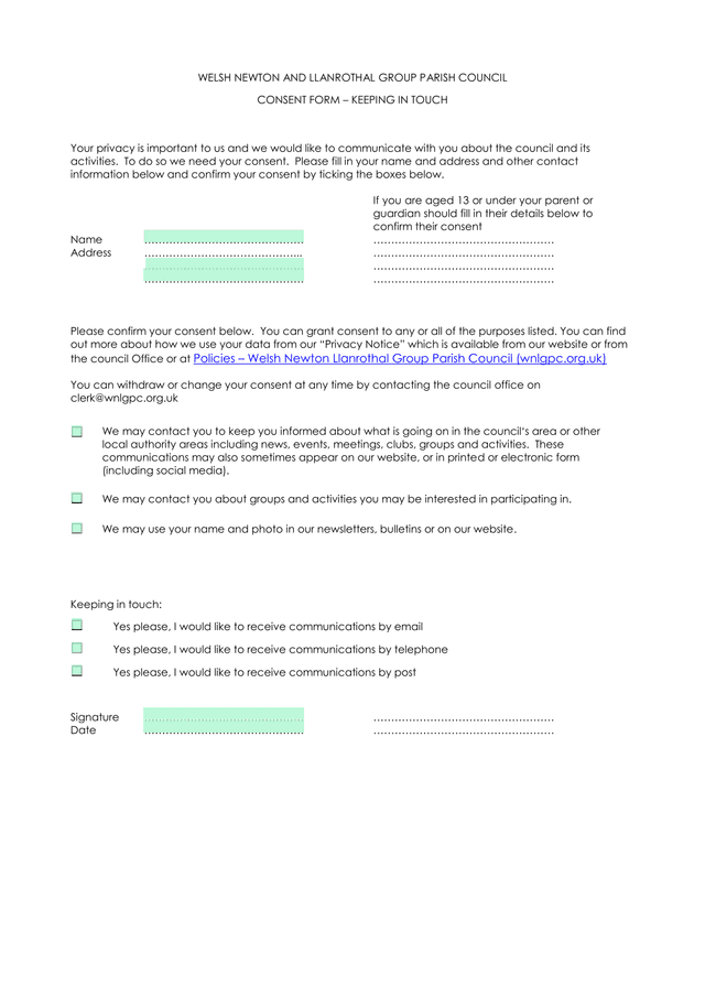 WELSH NEWTON AND LLANROTHAL GROUP PARISH COUNCIL CONSENT FORM  KEEPING IN TOUCH screenshot