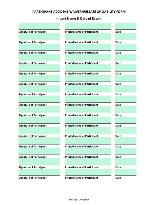 PARTICIPANT ACCIDENT WAIVERRELEASE OF LIABILITY FORM screenshot