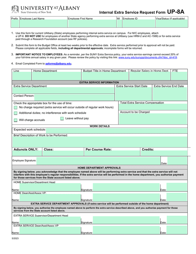 Internal Extra Service Request Form UP 8A screenshot
