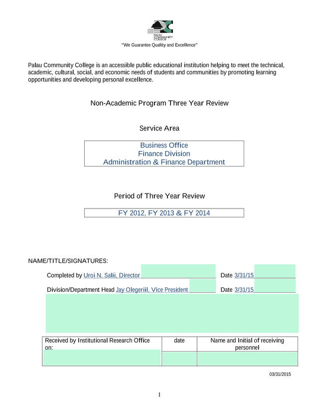 Non Academic Program Three Year Review screenshot