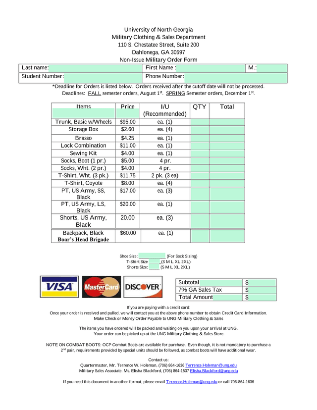 Non Issue Military Order Form screenshot