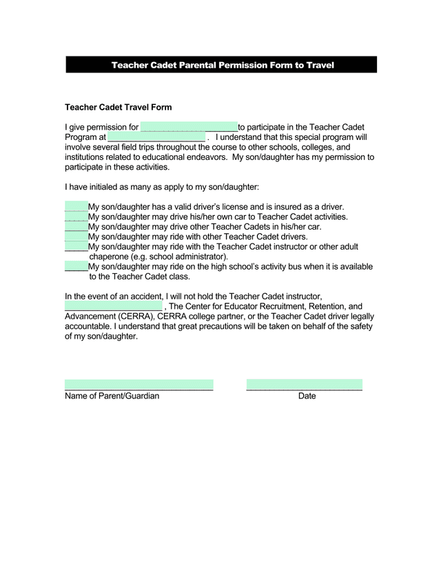 Teacher Cadet Parental Permission Form To Travel screenshot