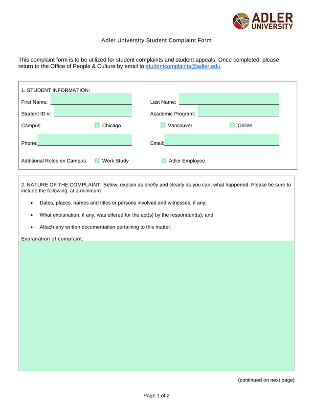 Adler University Student Complaint Form screenshot