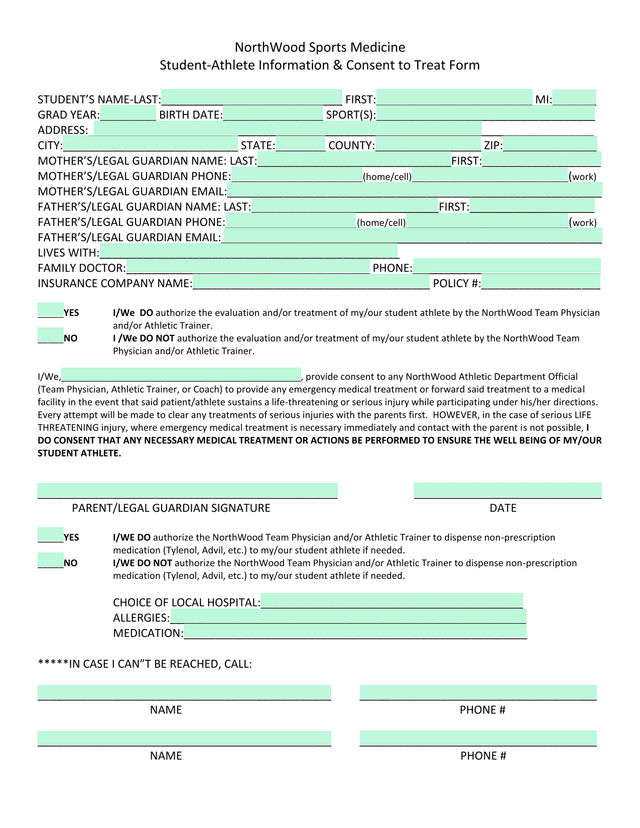 Student Athlete Information  Consent To Treat Form screenshot