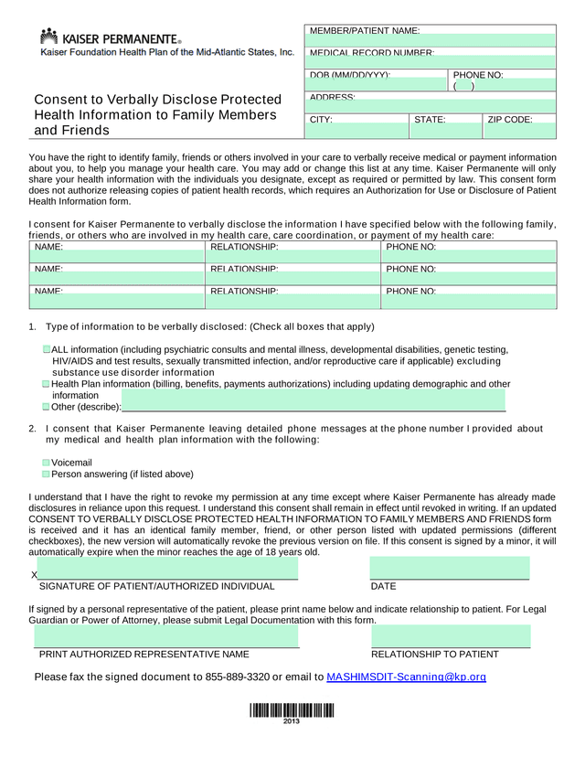 Consent To Verbally Disclose Protected Health Information To Family Members And Friends screenshot