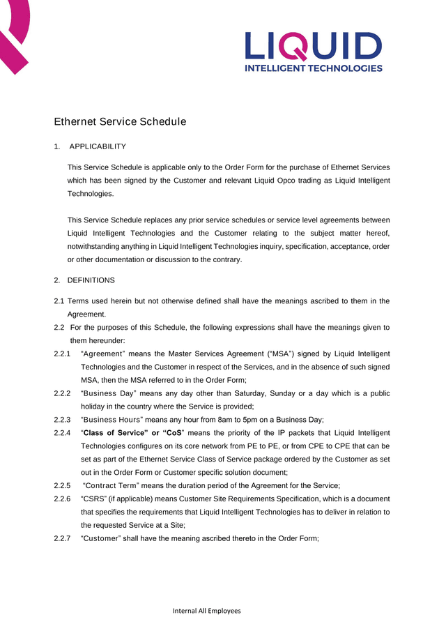 Ethernet Service Schedule screenshot