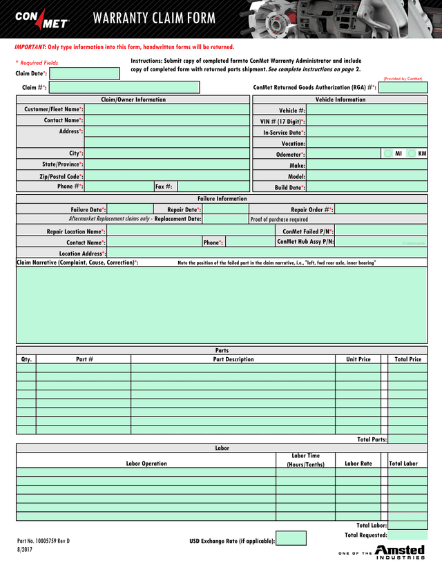 WARRANTY CLAIM FORM screenshot