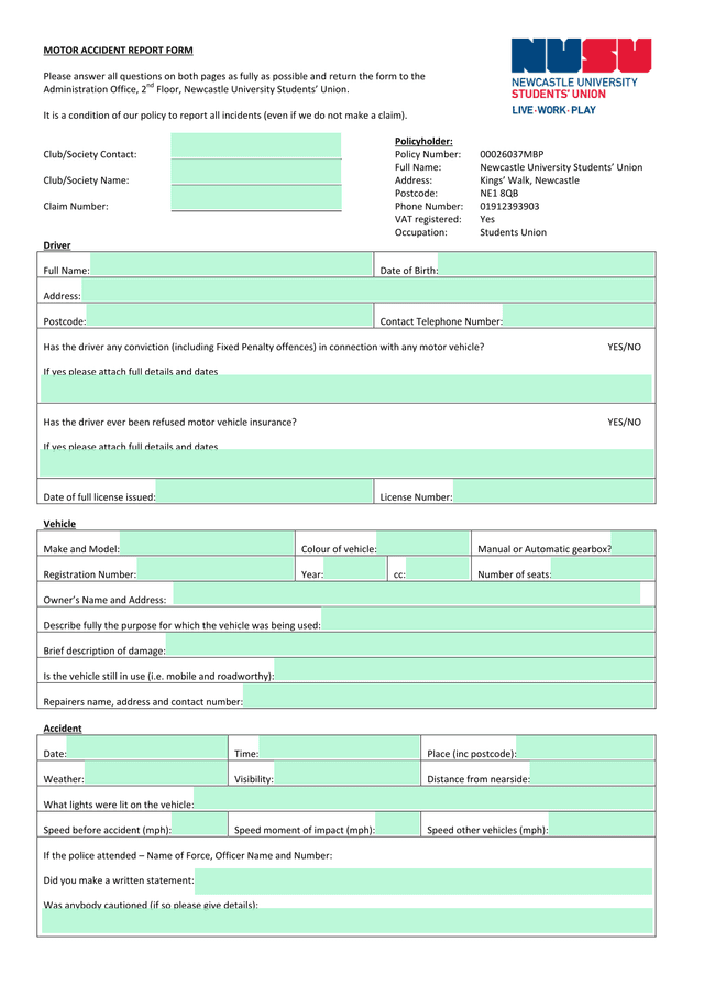 MOTOR ACCIDENT REPORT FORM screenshot