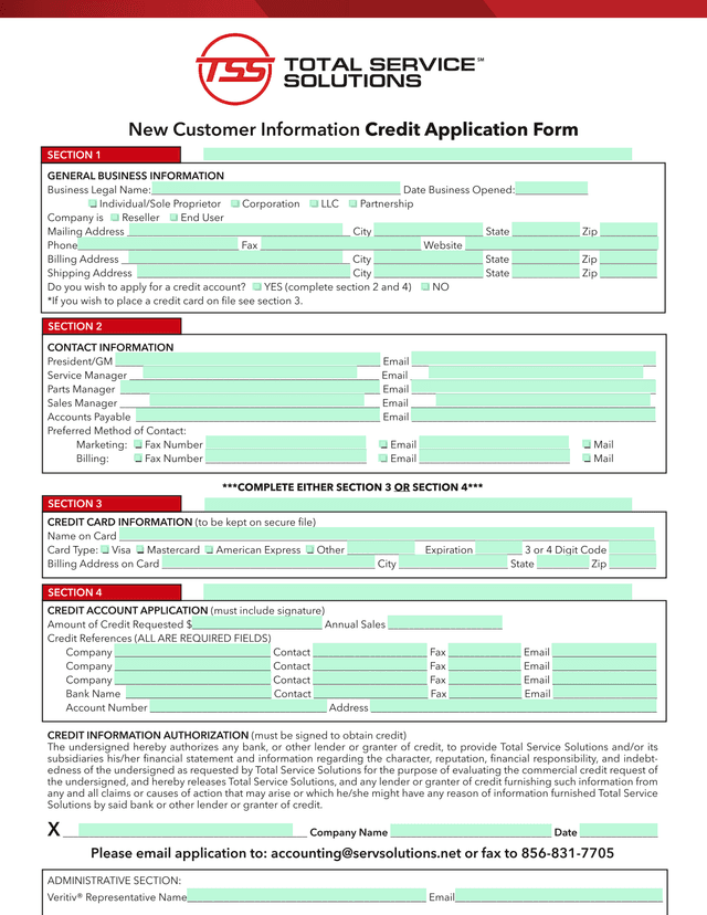 New Customer Information Credit Application Form screenshot