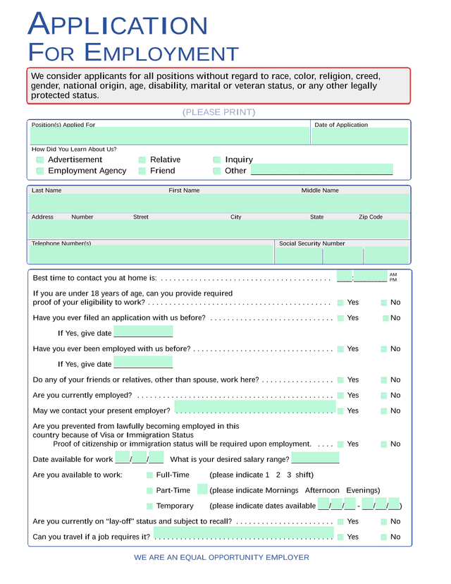APPLICATION FOR EMPLOYMENT screenshot