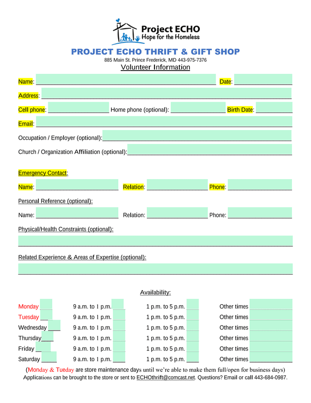 Project ECHO Thrift  Gift Shop Volunteer Information screenshot