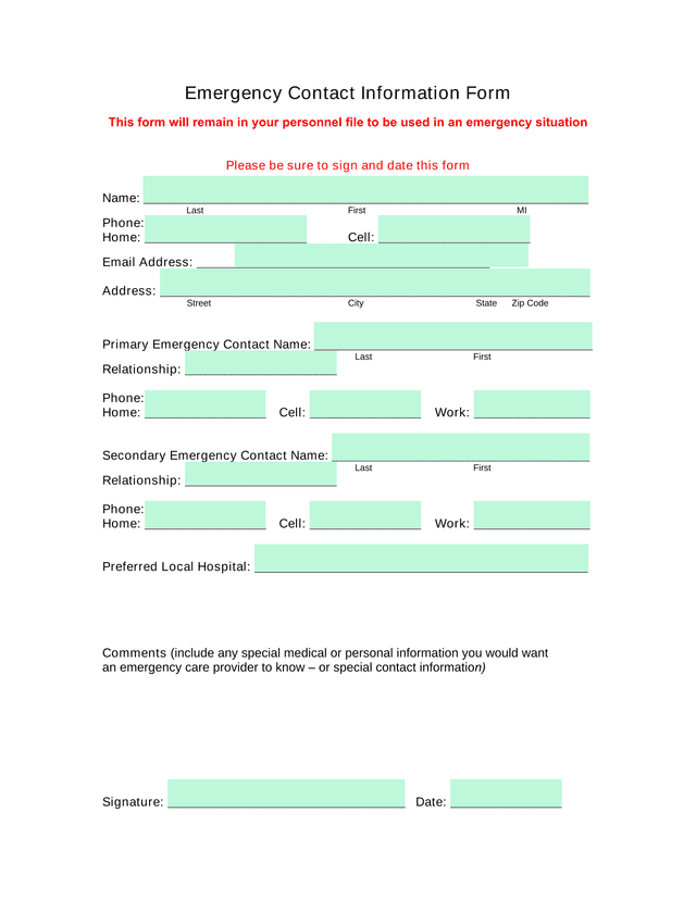 Emergency Contact Information Form screenshot