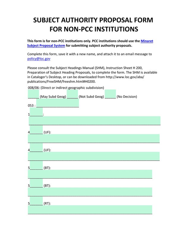 SUBJECT AUTHORITY PROPOSAL FORM FOR NONPCC INSTITUTIONS screenshot