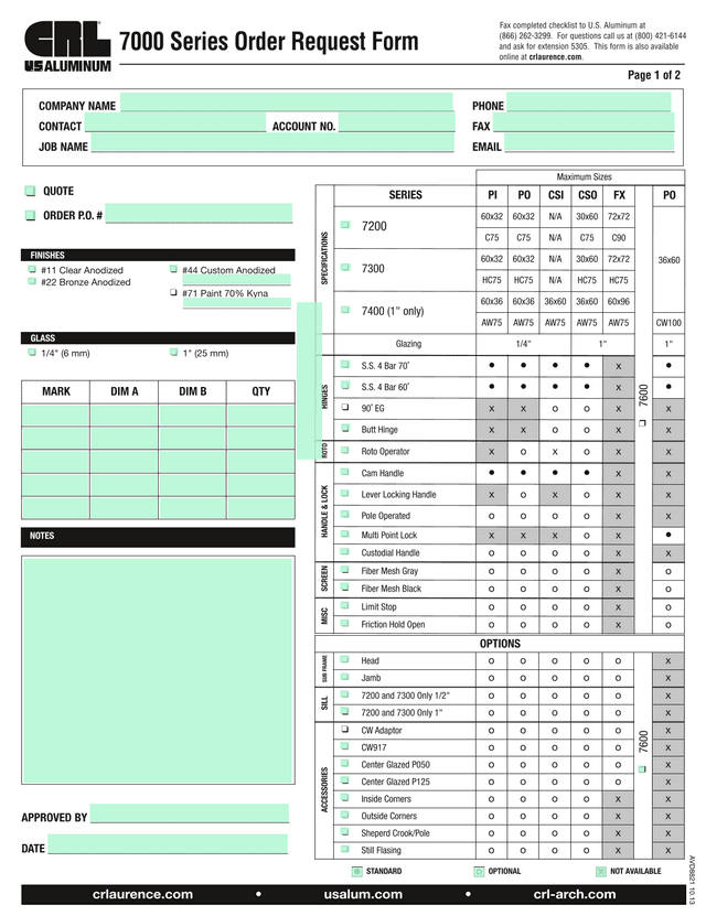 7000 Series Order Request Form screenshot
