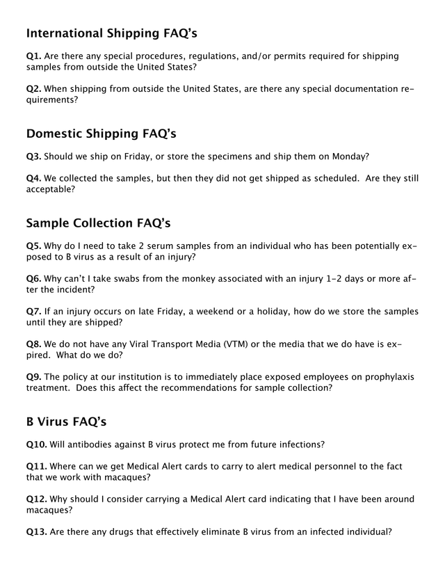 International And Domestic Shipping FAQS For B Virus Sample Collection screenshot