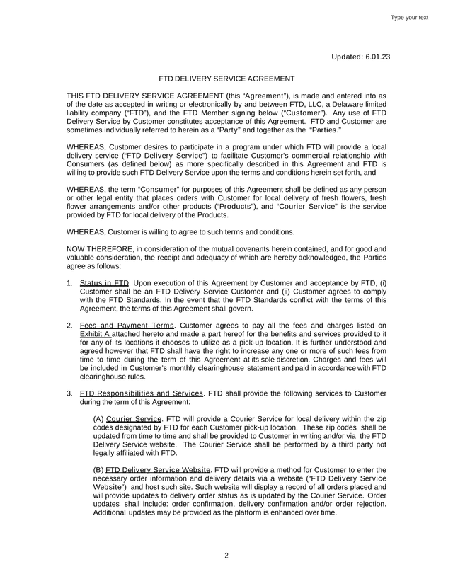 FTD DELIVERY SERVICE AGREEMENT screenshot