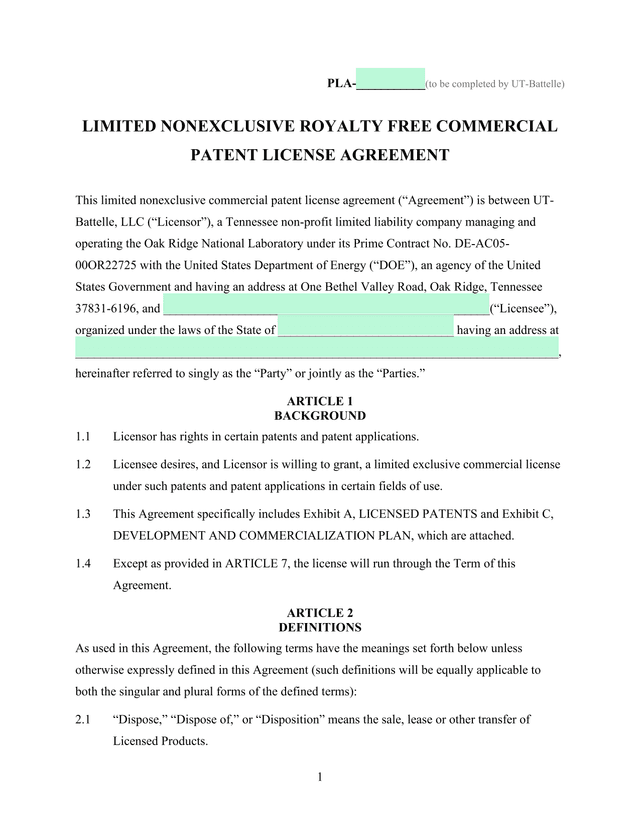 Limited Nonexclusive Royalty Free Commercial Patent License Agreement screenshot