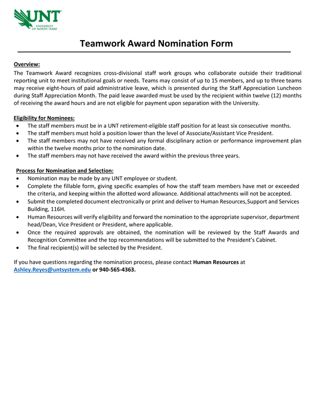 Teamwork Award Nomination Form screenshot