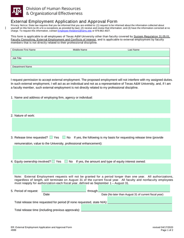 ER External Employment Application And Approval Form screenshot