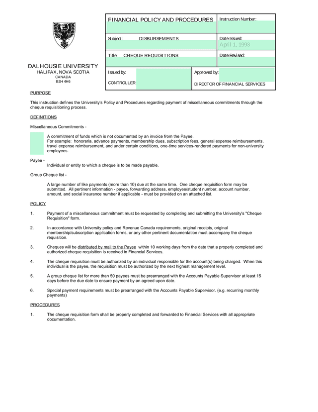 DALHOUSIE UNIVERSITY FINANCIAL POLICY AND PROCEDURES   CHEQUE REQUISITIONS screenshot