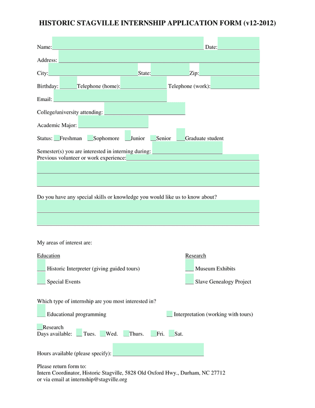 Historic Stagville Internship Application Form screenshot