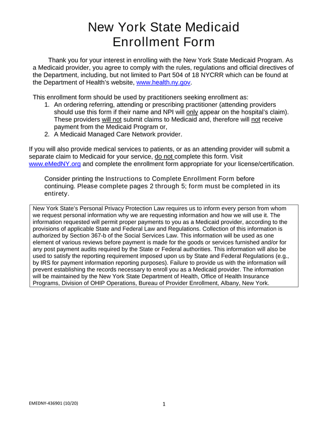 New York State Medicaid Enrollment Form screenshot