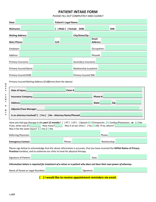 Work Comp  MVA Patient Intake Form screenshot