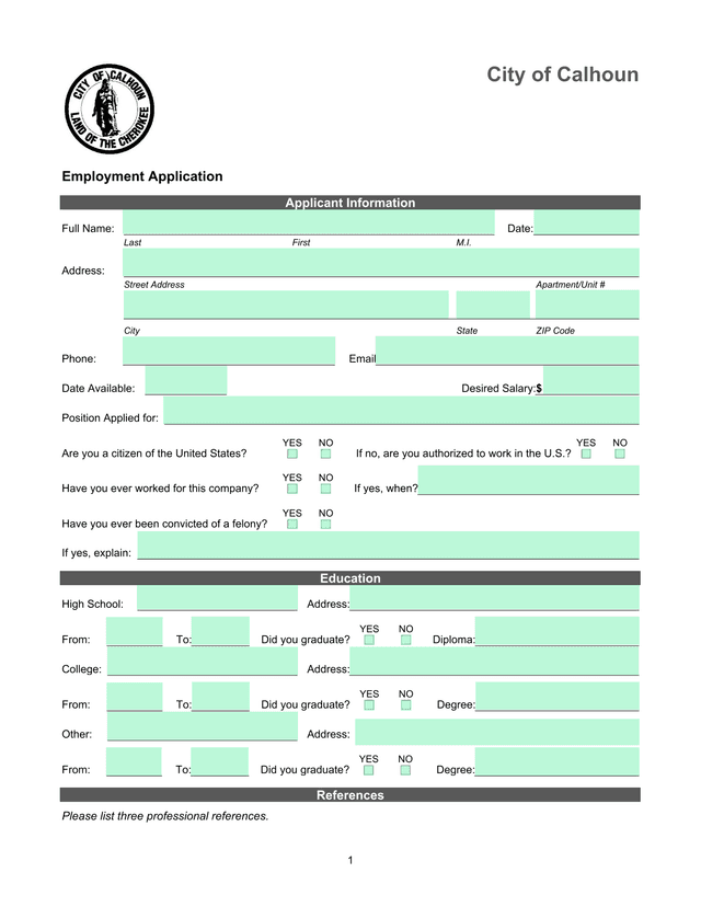 City Of Calhoun Employment Application screenshot