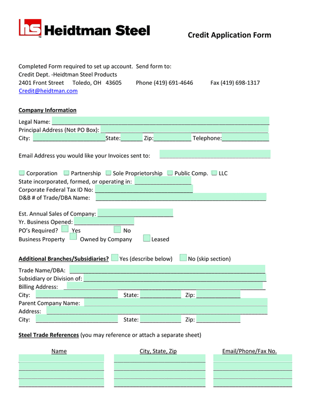 Credit Application Form screenshot