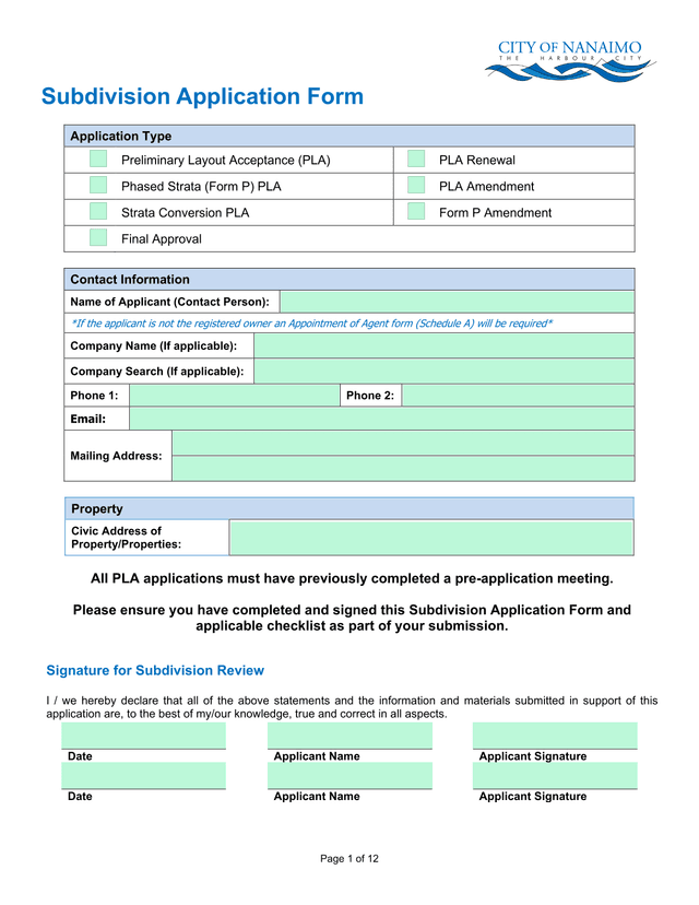 Subdivision Application Form screenshot