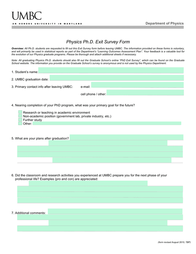 Physics Ph.D. Exit Survey Form screenshot