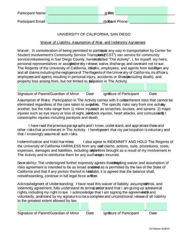 Waiver Of Liability, Assumption Of Risk, And Indemnity Agreement screenshot