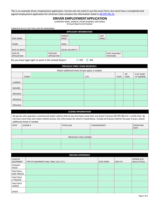 Driver Employment Application screenshot