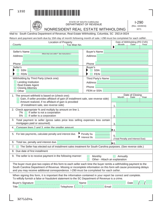 SC Real Estate Withholding Form I 290 screenshot