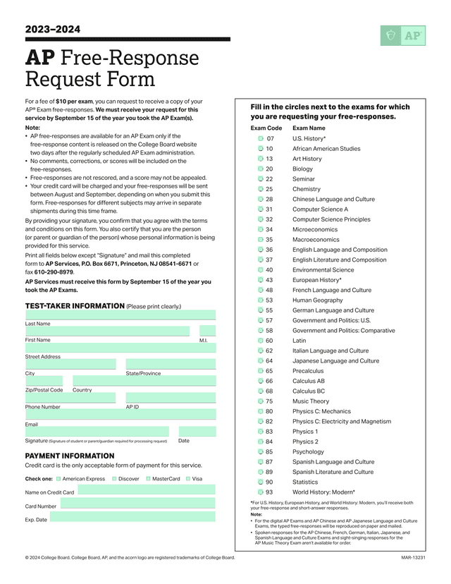 20232024 AP Free Response Request Form screenshot
