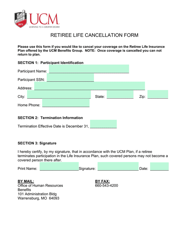 Retiree Life Cancellation Form screenshot