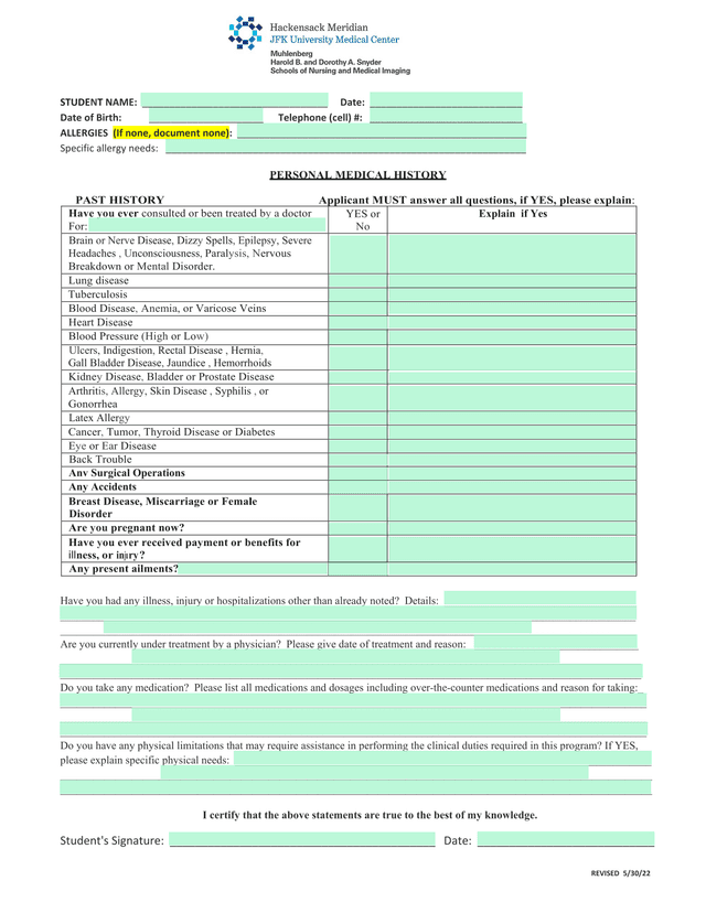 Personal Medical History Form screenshot