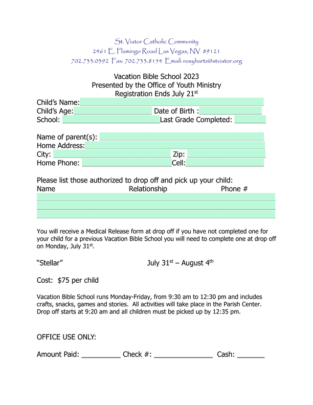 Vacation Bible School 2023 Registration screenshot