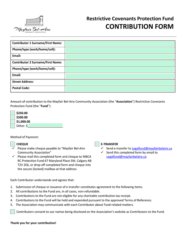 Restrictive Covenants Protection Fund Contribution Form screenshot