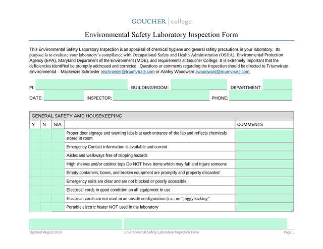 Environmental Safety Laboratory Inspection Form screenshot