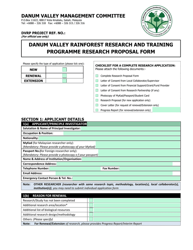 Danum Valley Rainforest Research And Training Programme Research Proposal Form screenshot