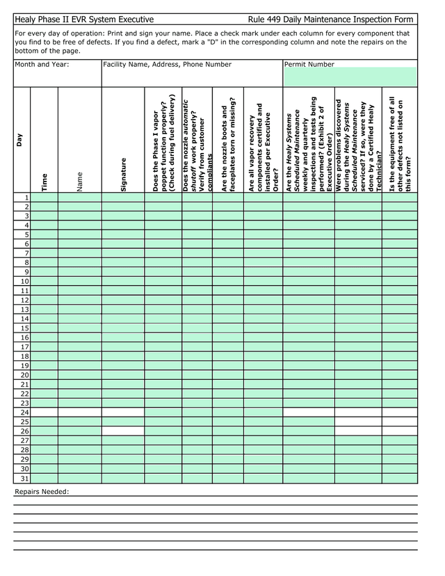 Healy Phase II EVR System Executive Rule 449 Daily Maintenance Inspection Form screenshot
