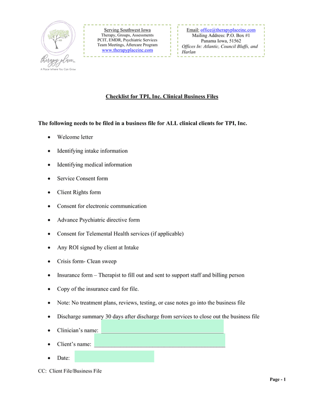 Checklist For TPI, Inc. Clinical Business Files screenshot