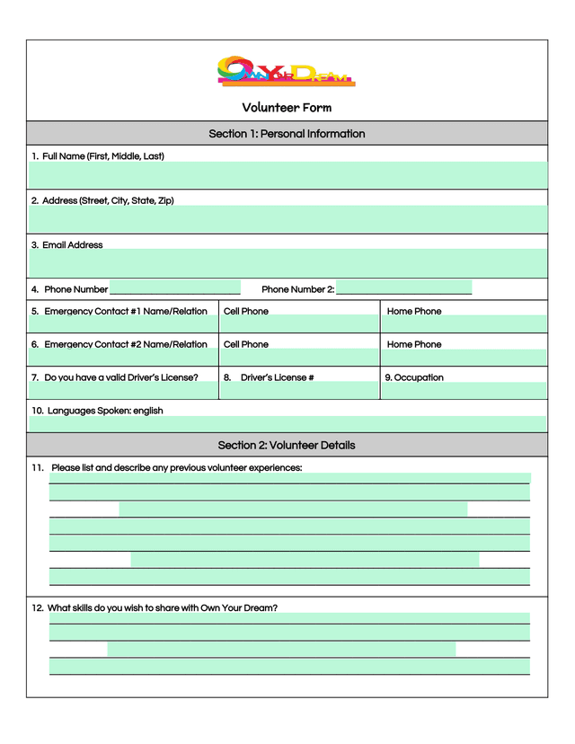 Volunteer Form screenshot