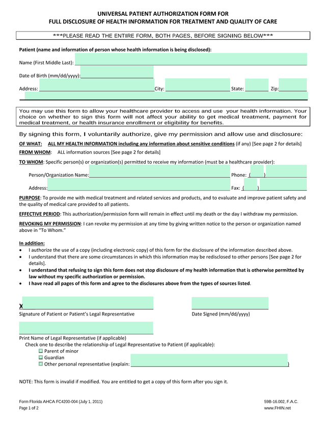 UNIVERSAL PATIENT AUTHORIZATION FORM FOR FULL DISCLOSURE OF HEALTH INFORMATION FOR TREATMENT AND QUA screenshot