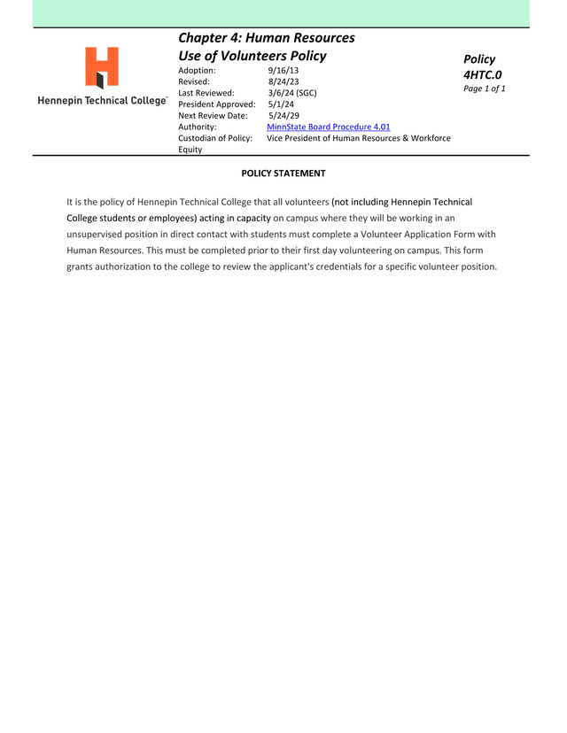 Use Of Volunteers Policy screenshot