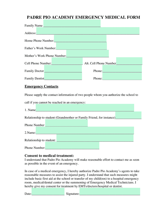 PADRE PIO ACADEMY EMERGENCY MEDICAL FORM screenshot
