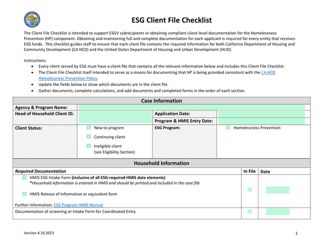 ESG Client File Checklist screenshot